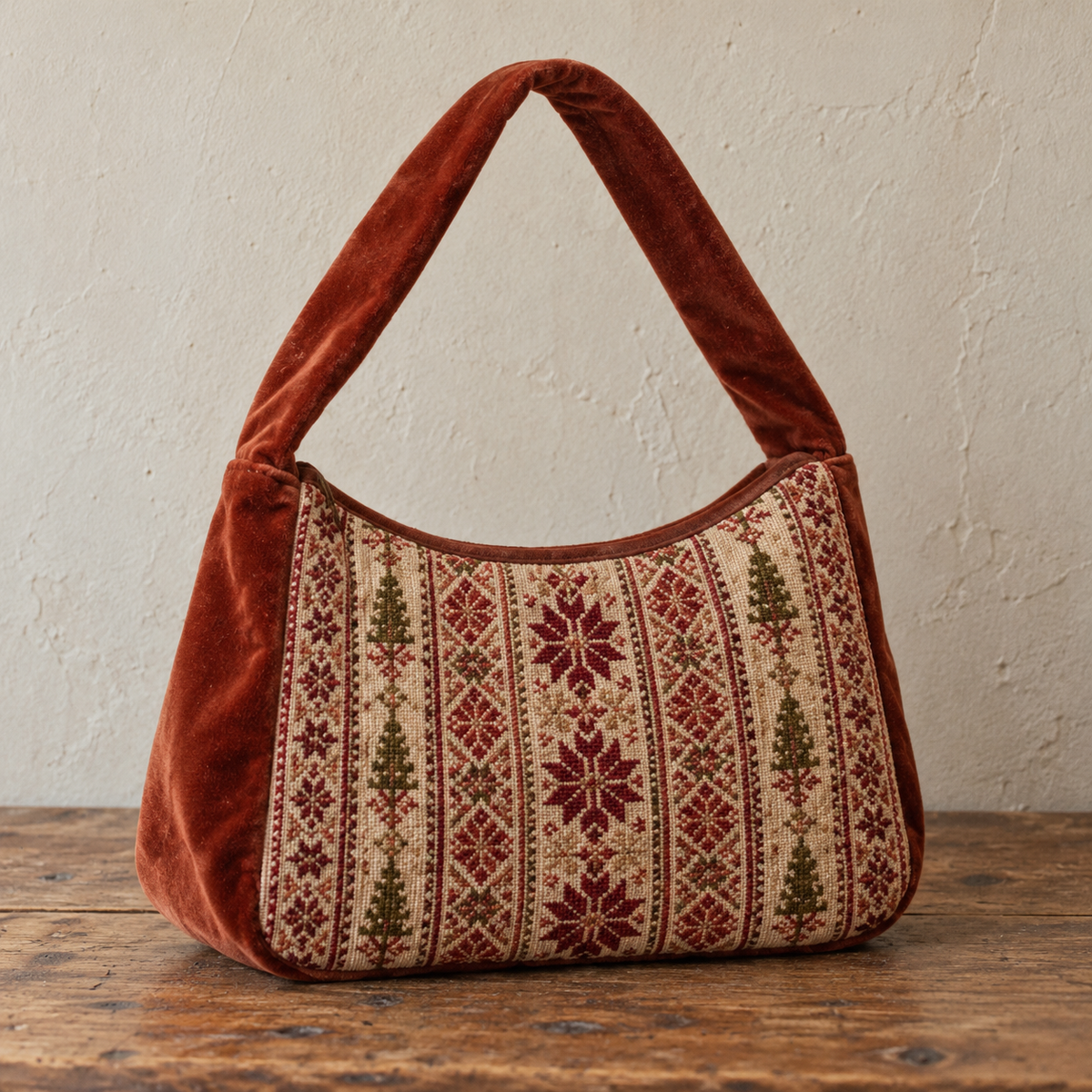 Cinnamon velvet tatreez shoulder bag with cream embroidered panel