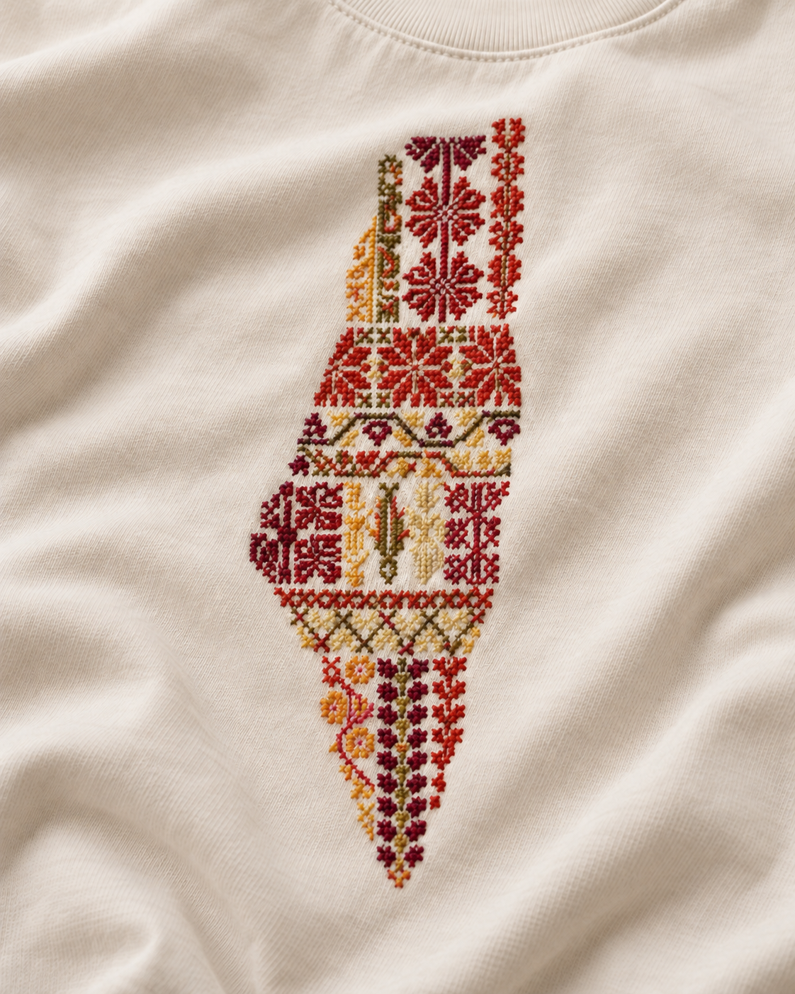 Close-up of multicoloured tatreez stitches forming a Palestine map on cream T-shirt fabric.