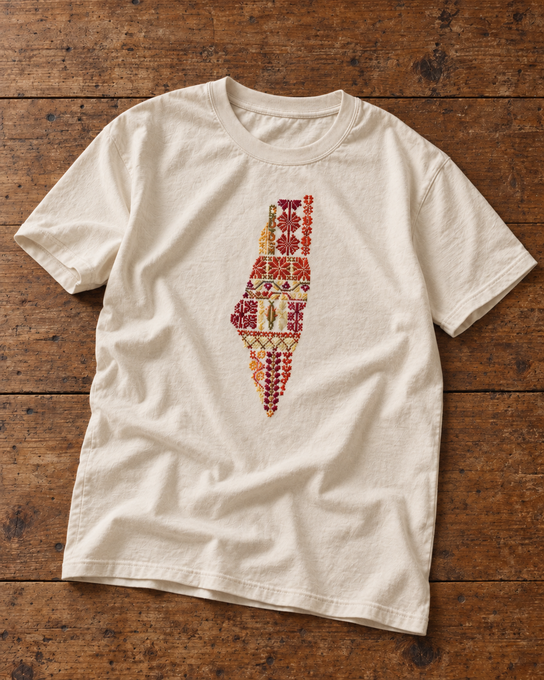 Cream Palestine motifs tatreez map T-shirt laid naturally on a wooden table.