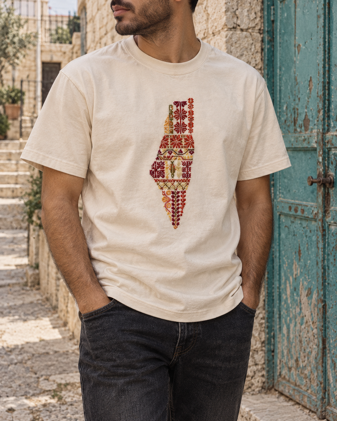 Model wearing a cream Palestine motifs tatreez map T-shirt beside a turquoise doorway.
