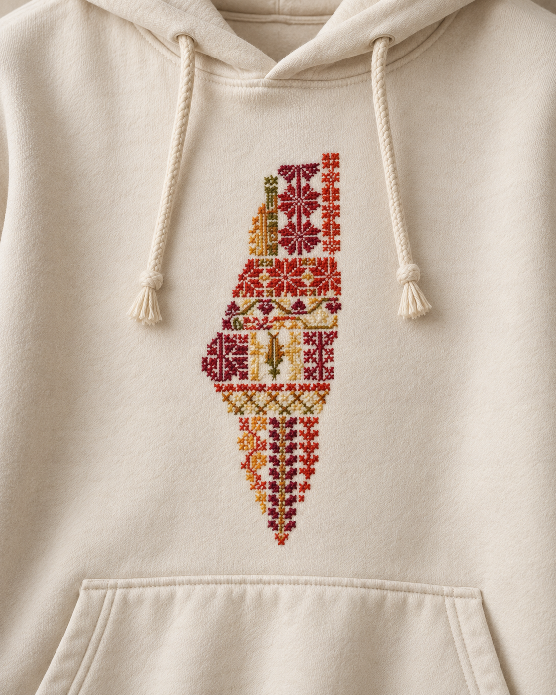 Cream Palestine motifs tatreez map hoodie - detail view