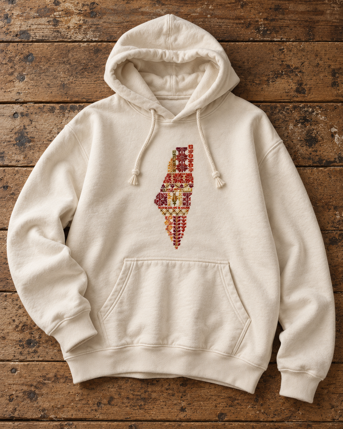 Cream Palestine motifs tatreez map hoodie - flatlay view