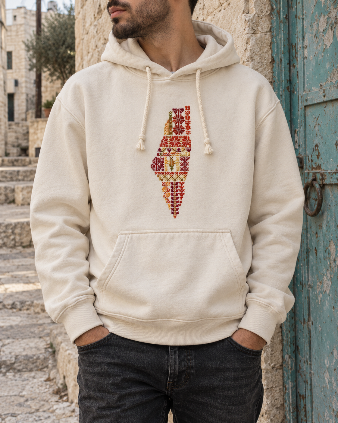 Cream Palestine motifs tatreez map hoodie - model view