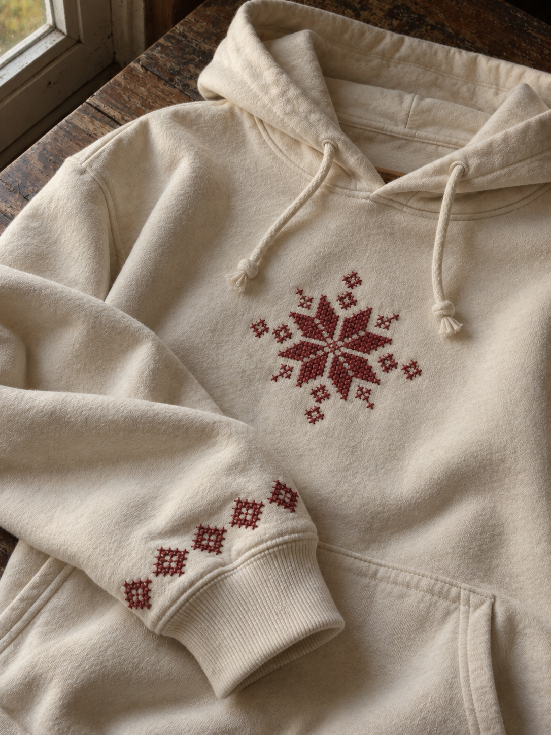 Close-up of burgundy tatreez star and cuff embroidery on a cream hoodie.