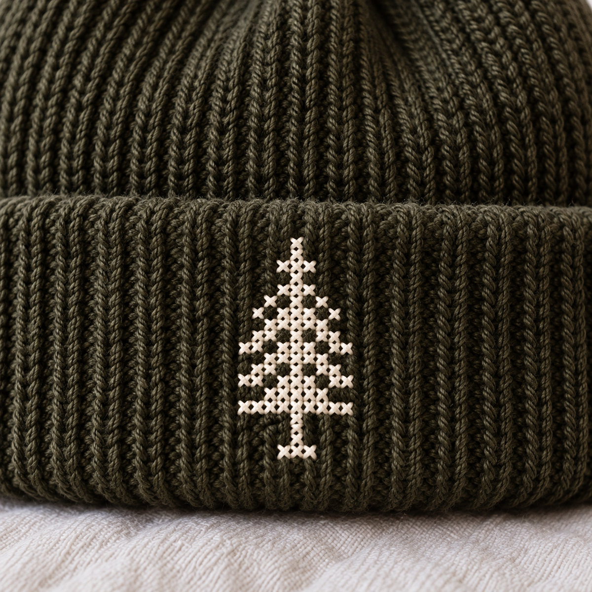 Cypress Tree Tatreez Beanie - Olive - close-up of Palestinian tatreez stitching