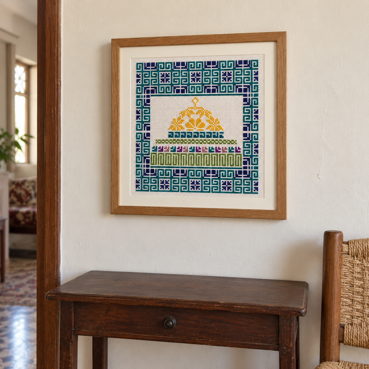 Framed Dome of the Rock tatreez art with a gold dome and teal and navy geometric border - additional product view
