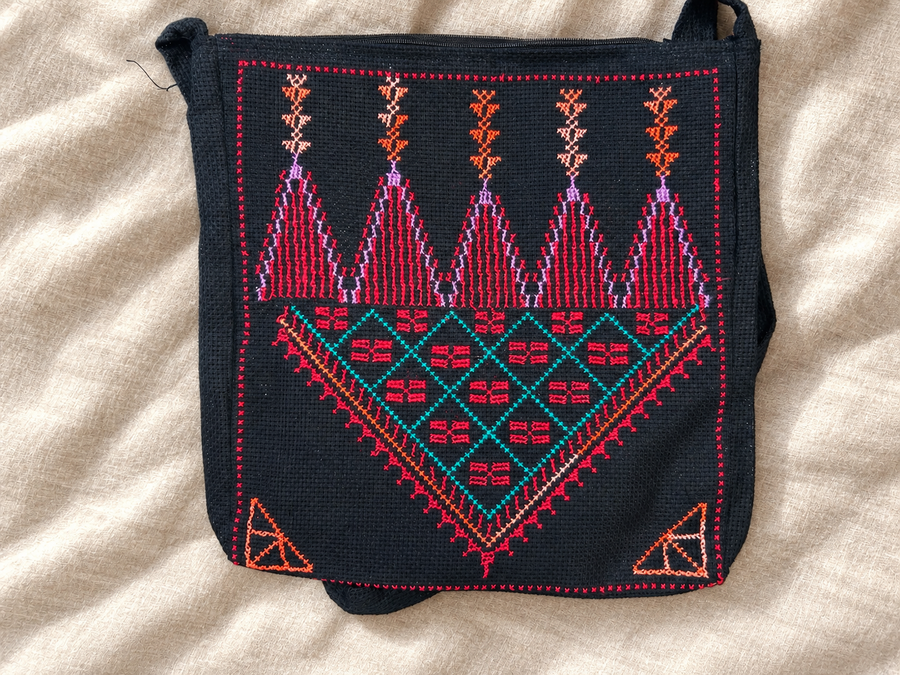Five Spires Tatreez Bag - Pink and Turquoise - styled product view