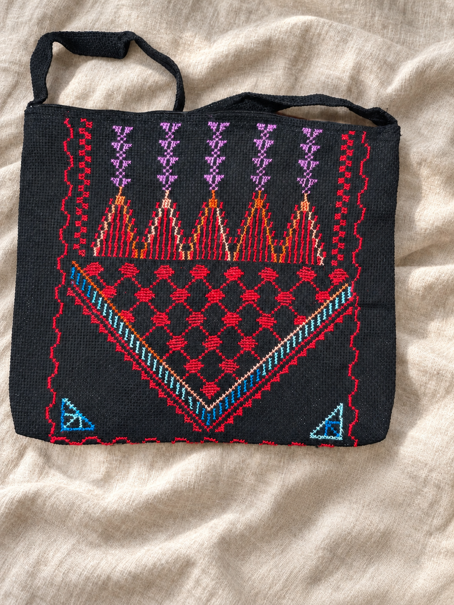Five Spires Tatreez Bag - Red and Lilac - styled product view