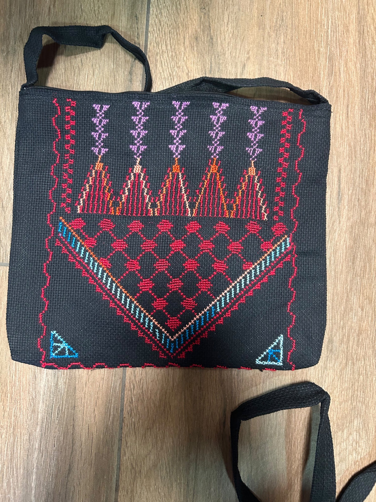 Five Spires Tatreez Bag - Red and Lilac - original shop photograph