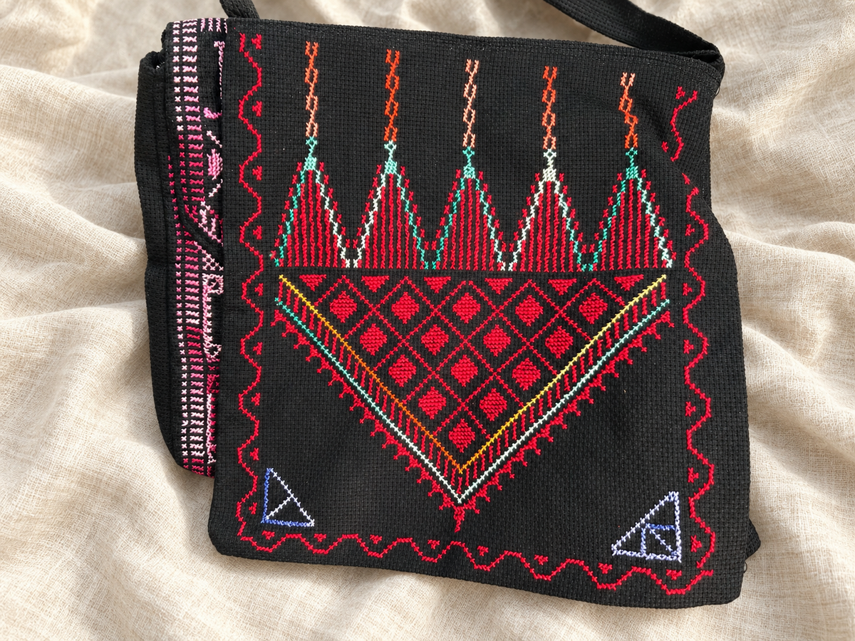 Five Spires Tatreez Bag - Red and Mint - styled product view