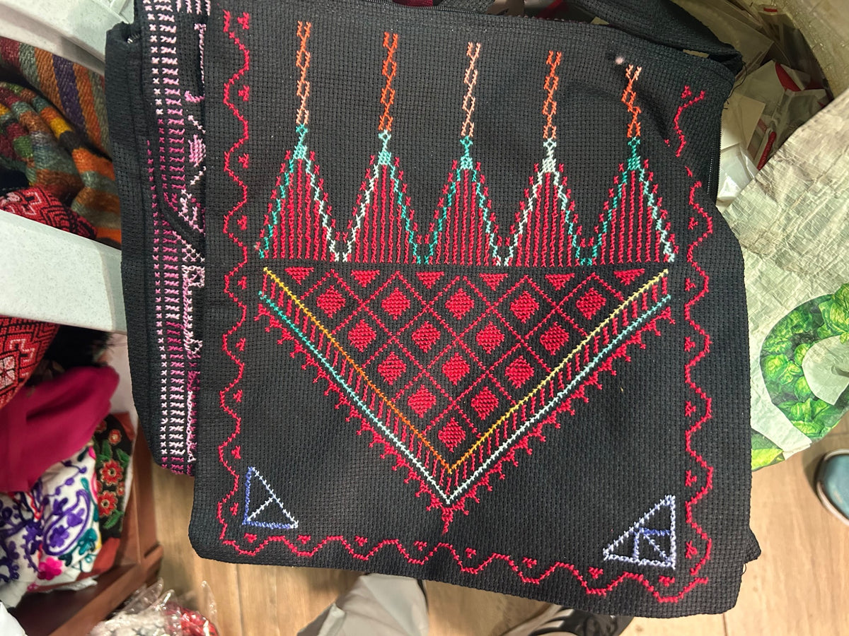 Five Spires Tatreez Bag - Red and Mint - original shop photograph