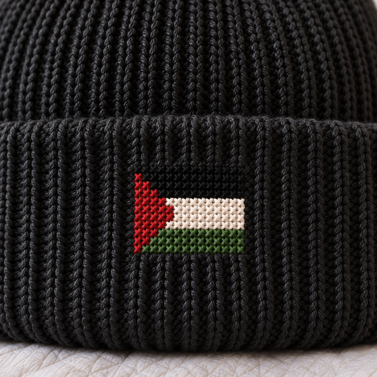 Palestine Flag Tatreez Beanie - Charcoal - close-up of Palestinian tatreez stitching
