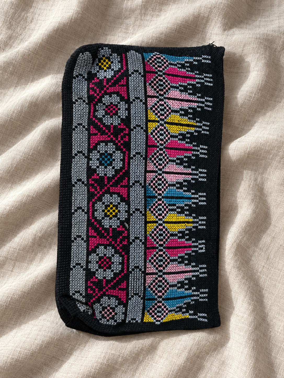 Floral Border Tatreez Long Pouch - Multicolour - styled product view