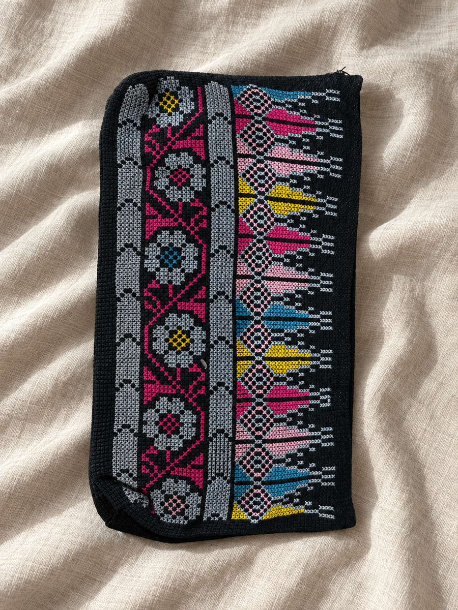 Floral Border Tatreez Long Pouch - Multicolour - styled product view