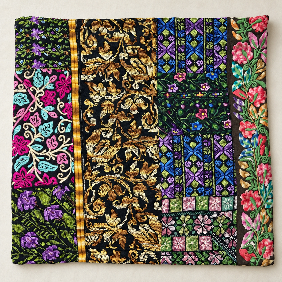 Floral Patchwork Embroidered Cushion Cover - Multicolour, embroidered front laid flat