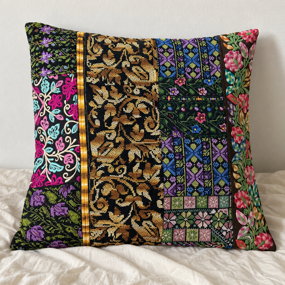 Floral Patchwork Embroidered Cushion Cover - Multicolour, styled on a cushion insert