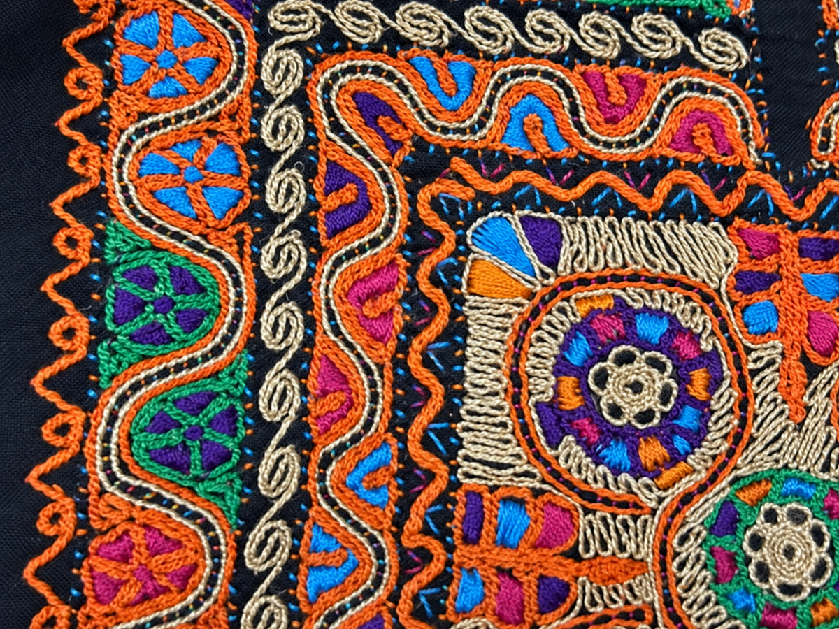 Floral Tahriri Bag - Orange and Blue - embroidery detail