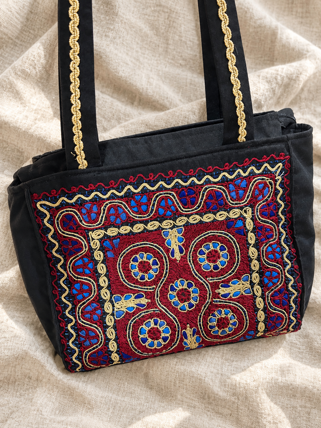 Floral Tahriri Tote Bag - Blue and Burgundy - styled product view