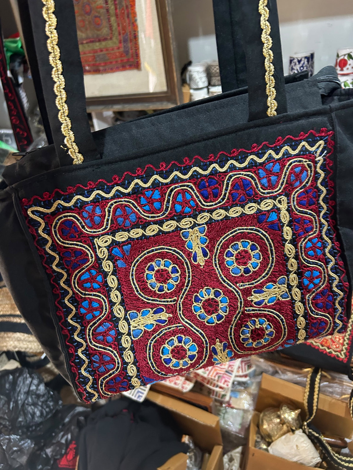 Floral Tahriri Tote Bag - Blue and Burgundy - original shop photograph