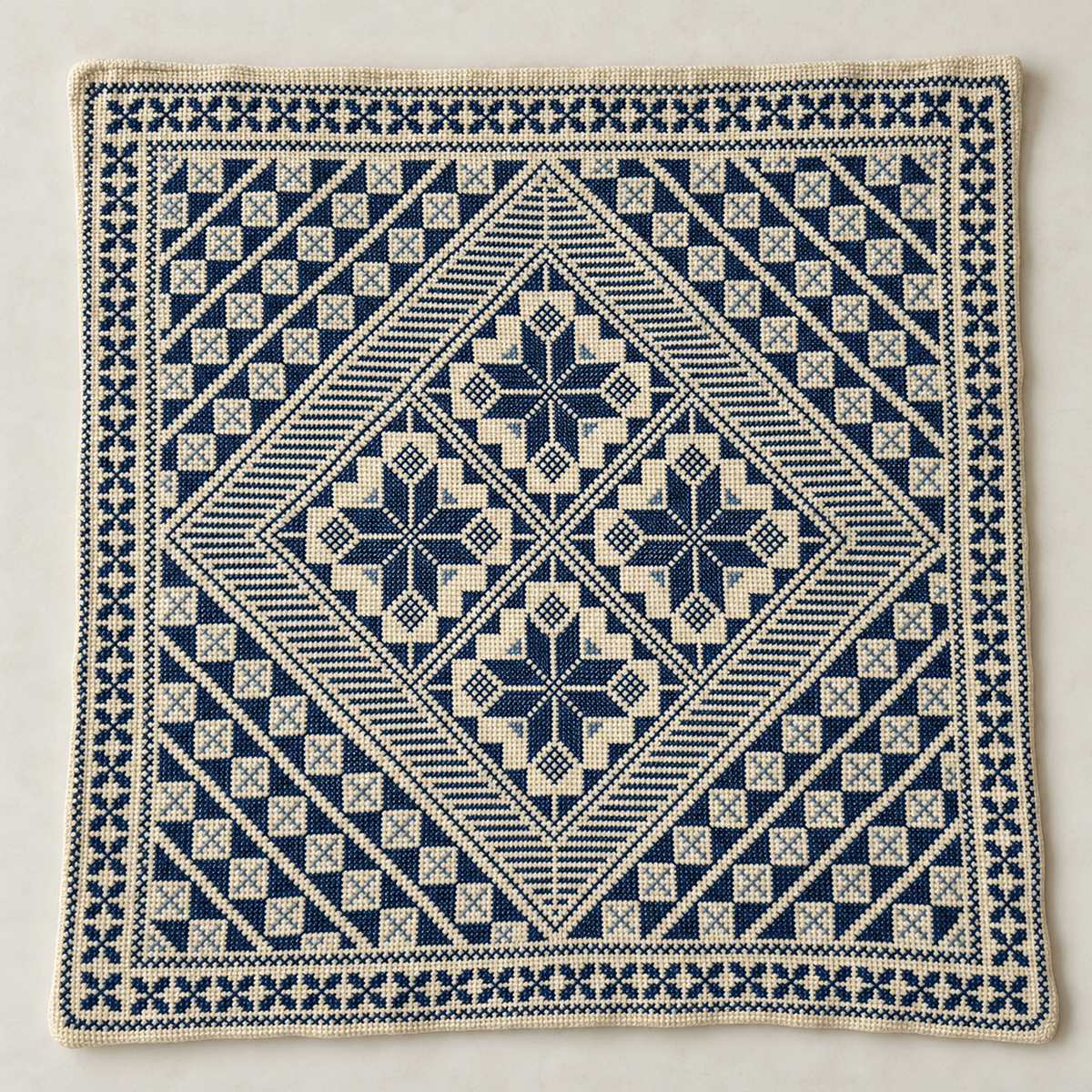 Four Star Diamond Tatreez Cushion Cover - Navy and Cream, embroidered front laid flat
