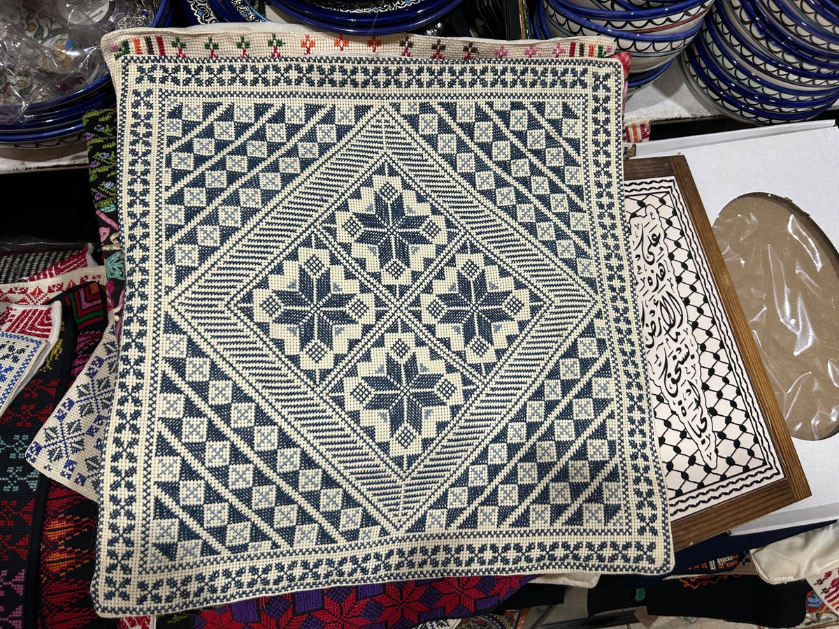 Four Star Diamond Tatreez Cushion Cover - Navy and Cream, original shop photograph