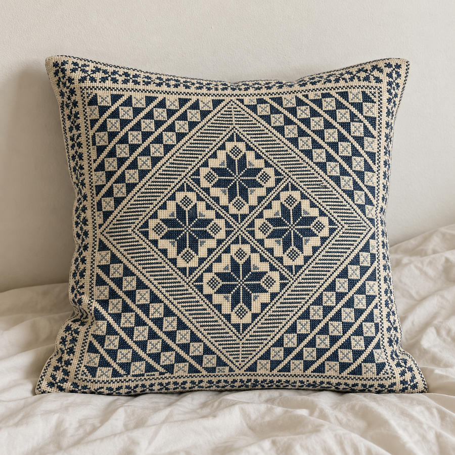 Four Star Diamond Tatreez Cushion Cover - Navy and Cream, styled on a cushion insert