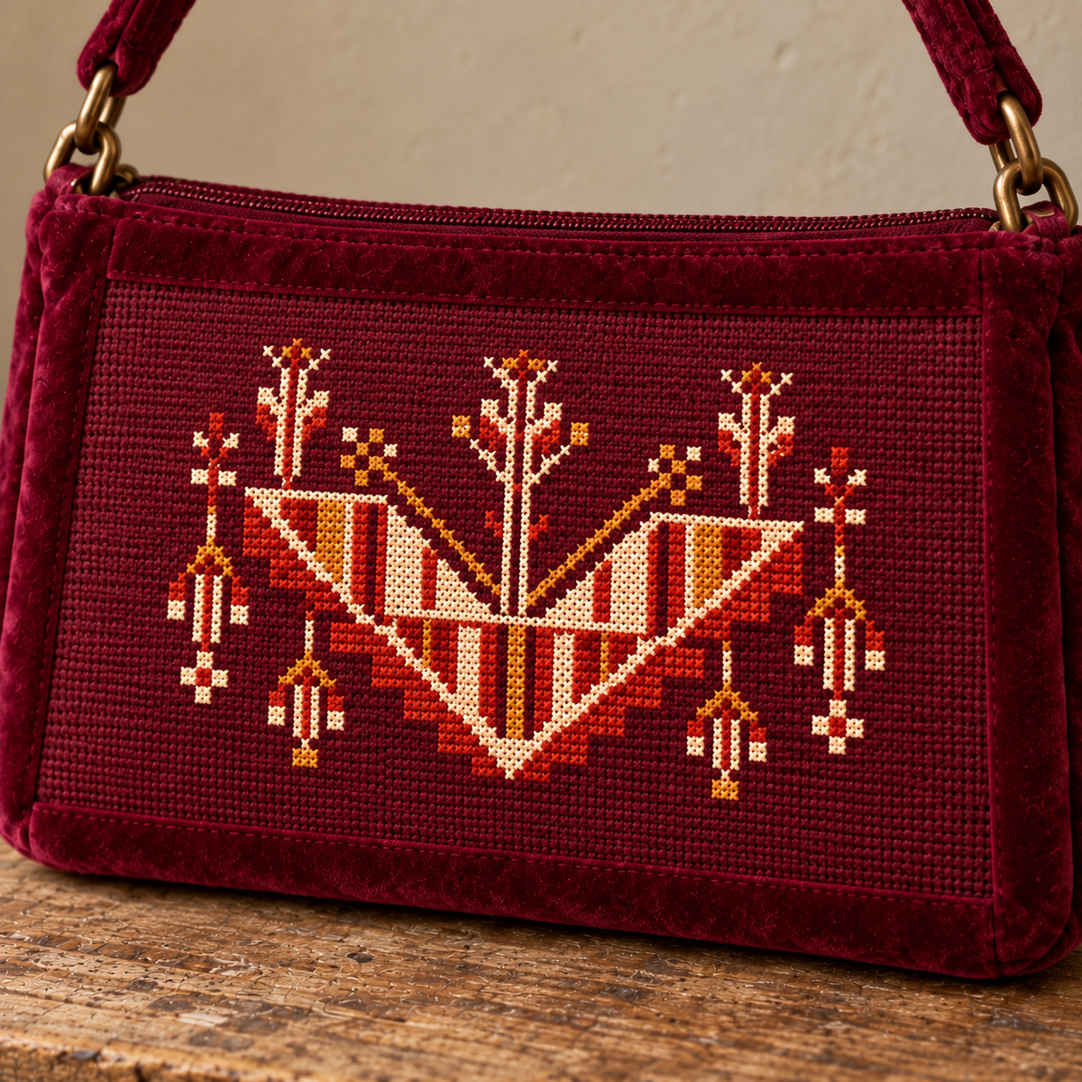 Gaza Tatreez Shoulder Bag - Burgundy, detail view