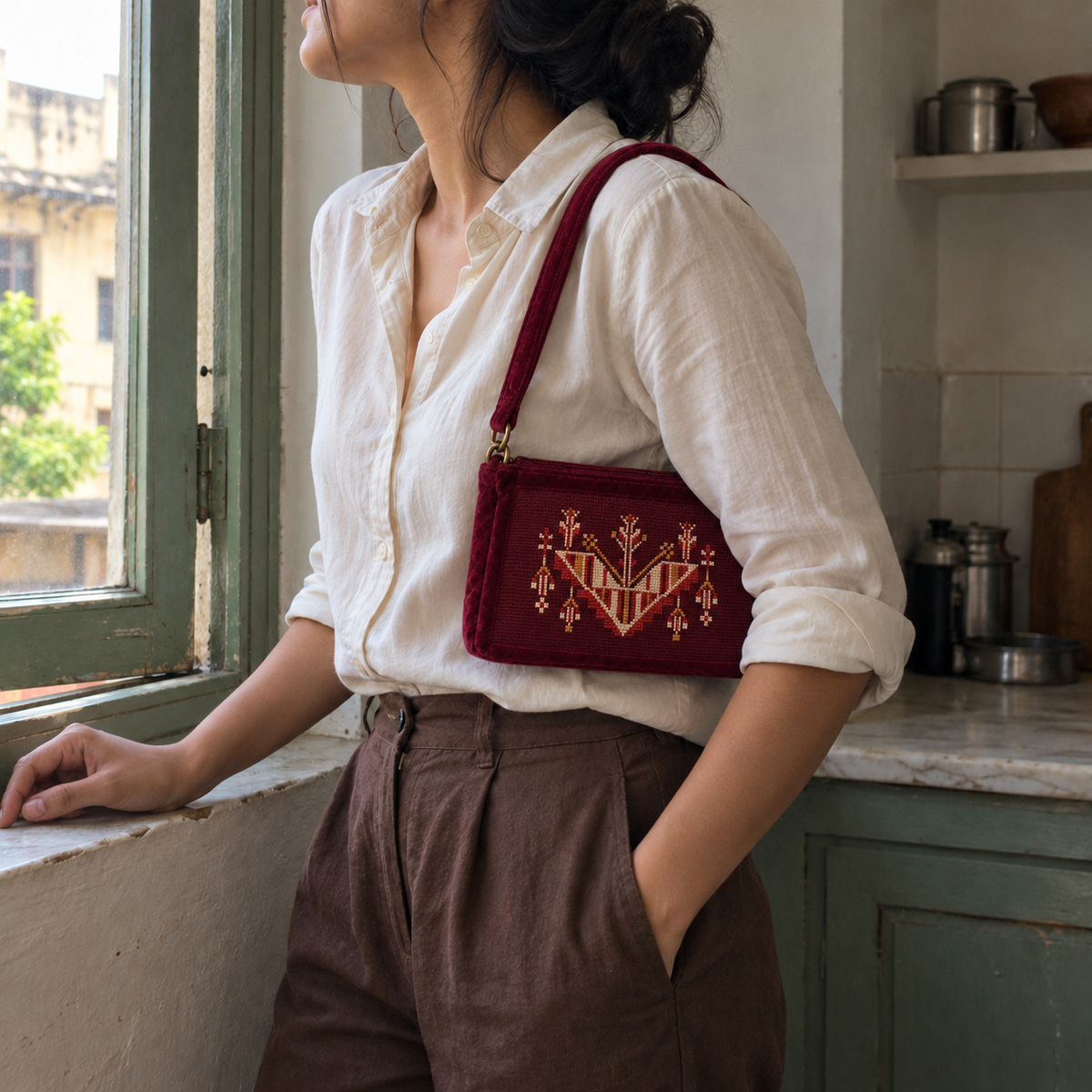 Gaza Tatreez Shoulder Bag - Burgundy, model view