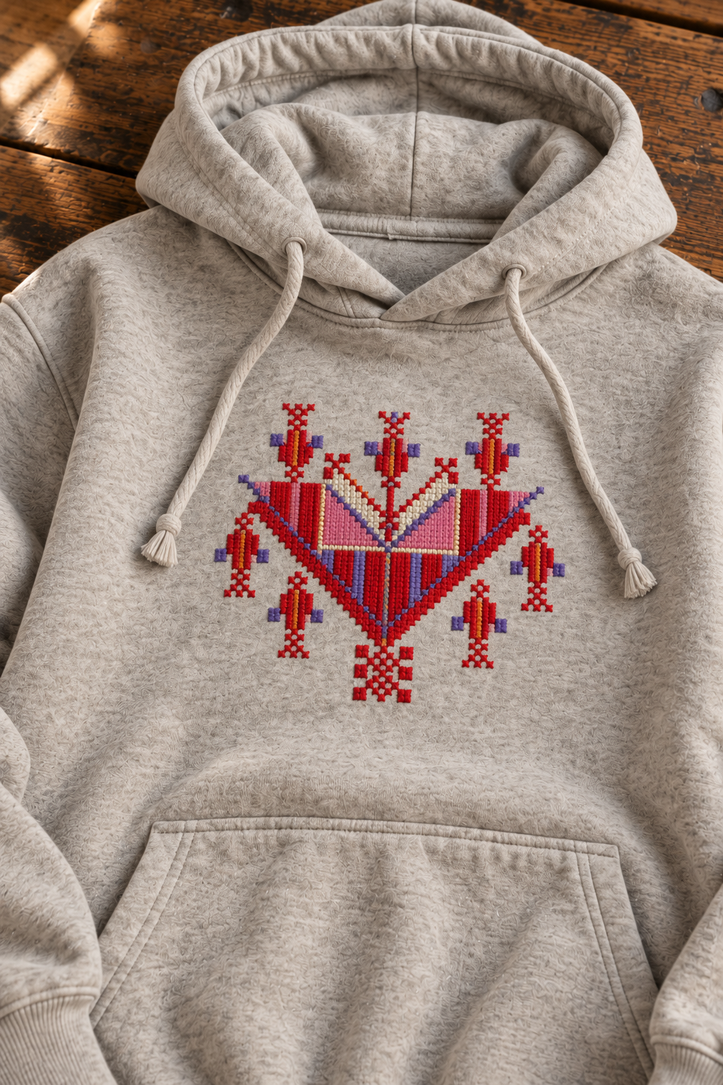 Close-up of colourful Gaza-inspired V-shaped tatreez on a light-grey hoodie.