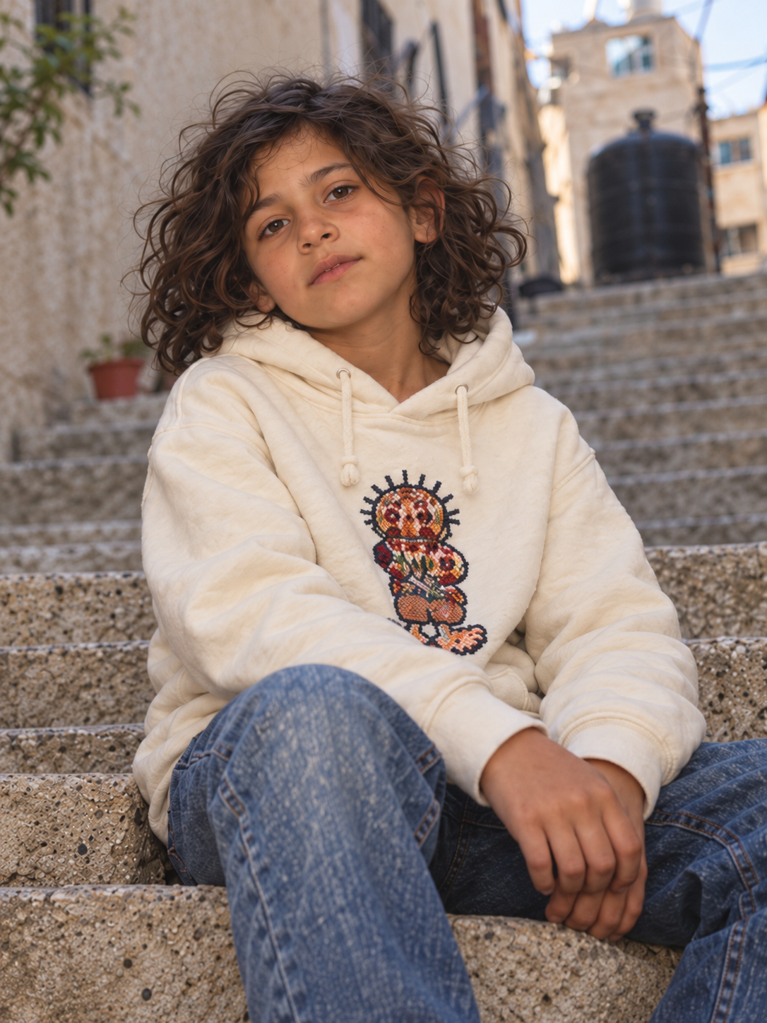 Boy wearing a cream Handala tatreez hoodie seated on stone steps, in a centred portrait.