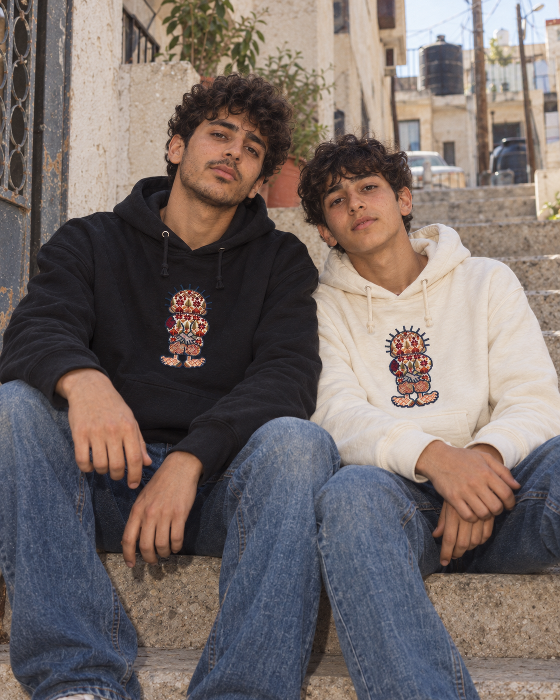 Two people wearing black and cream Handala tatreez hoodies together on outdoor steps.