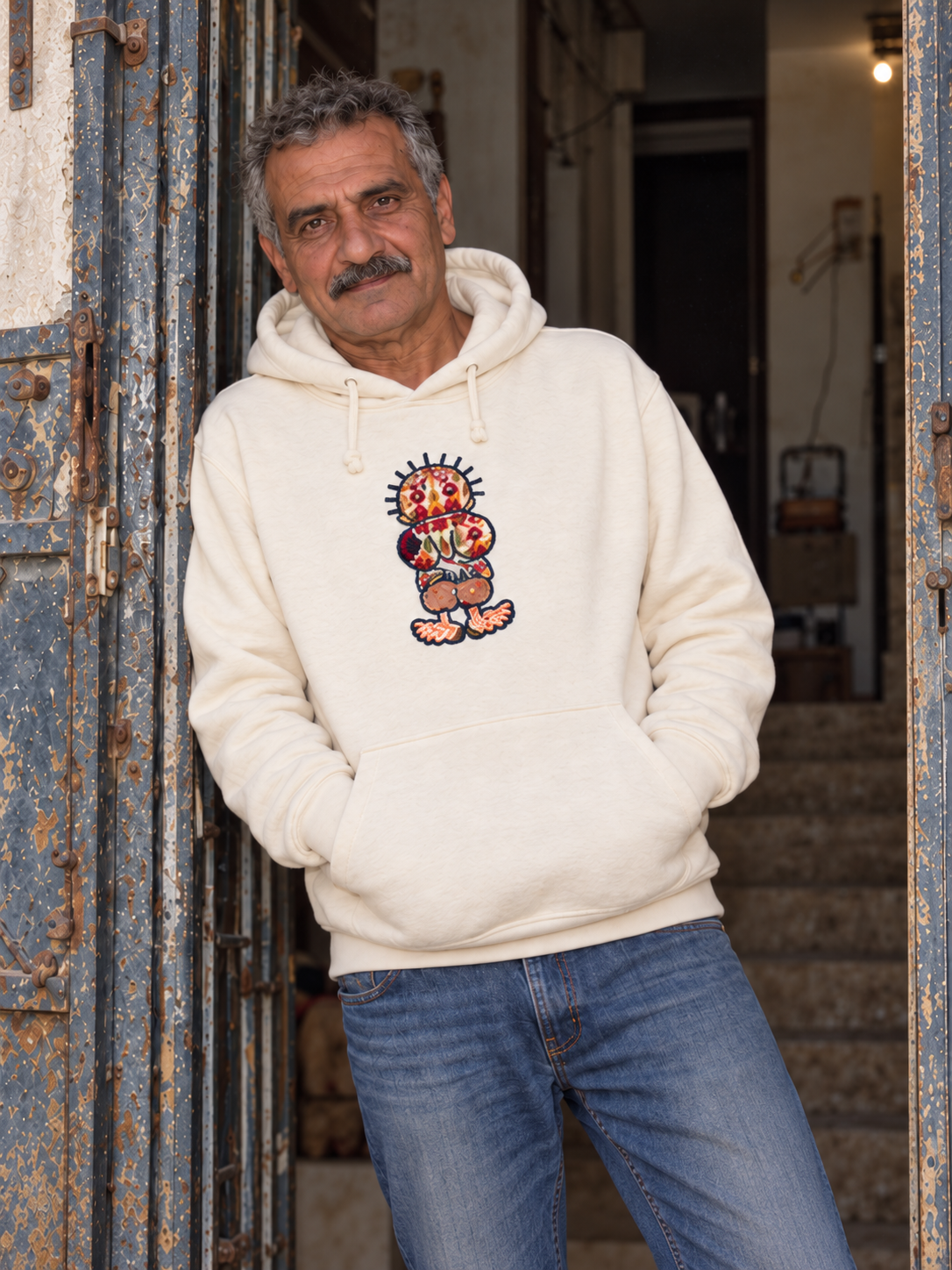 Older man wearing a cream Handala tatreez hoodie, centred in a worn blue doorway.