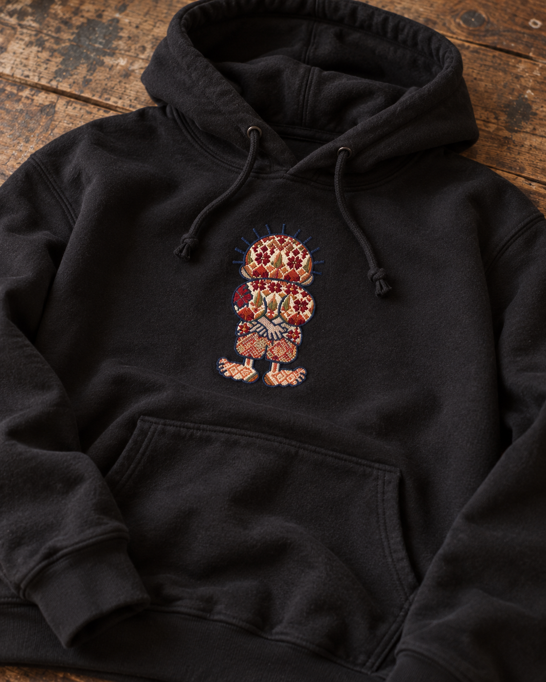 Black hoodie laid on a wooden table showing colourful Handala tatreez chest embroidery.