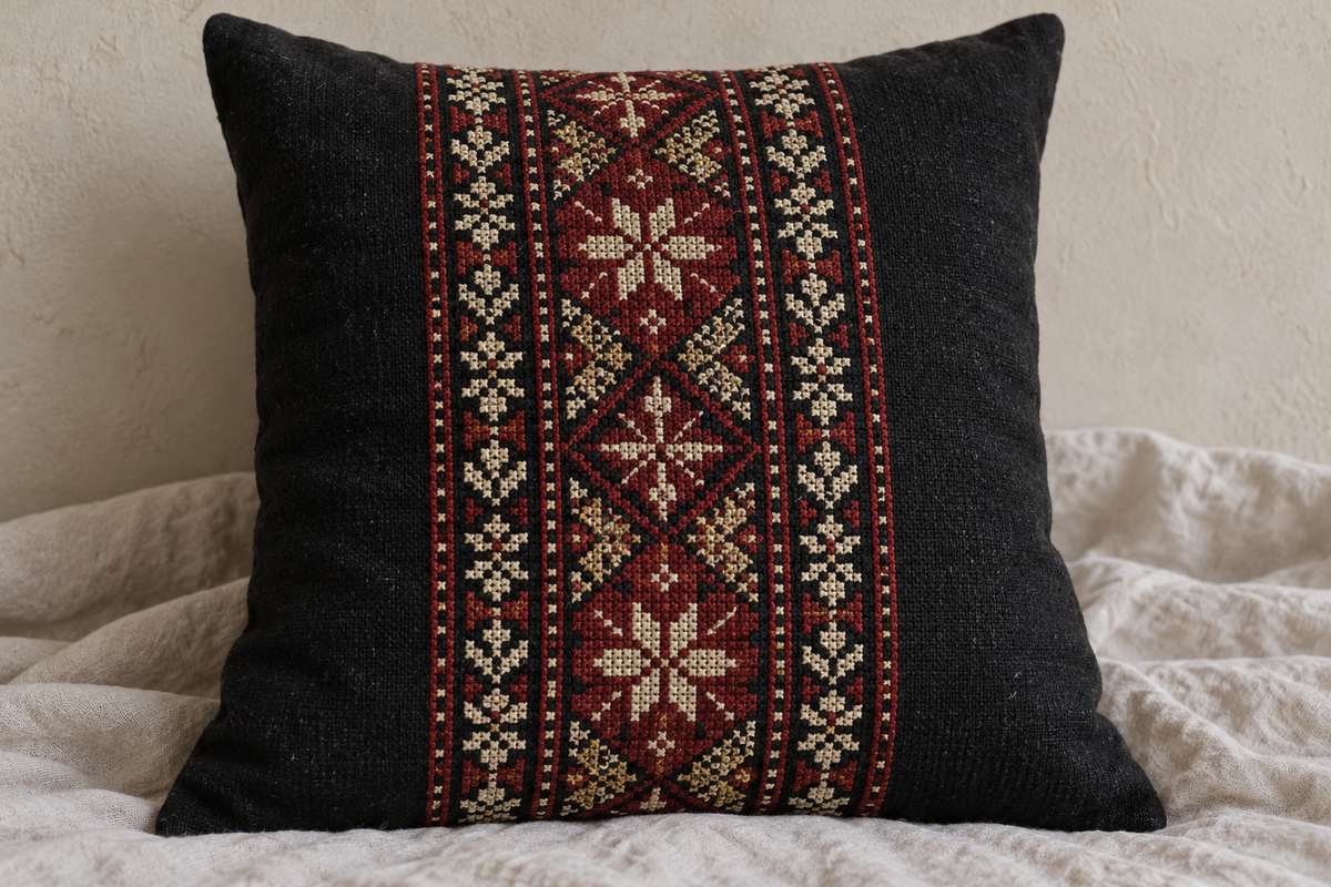 Heritage Panel Tatreez Cushion Cover - Black, closer view of the embroidery