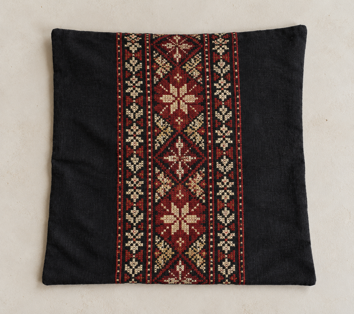 Heritage Panel Tatreez Cushion Cover - Black, cover laid flat
