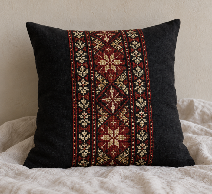Heritage Panel Tatreez Cushion Cover - Black, product view