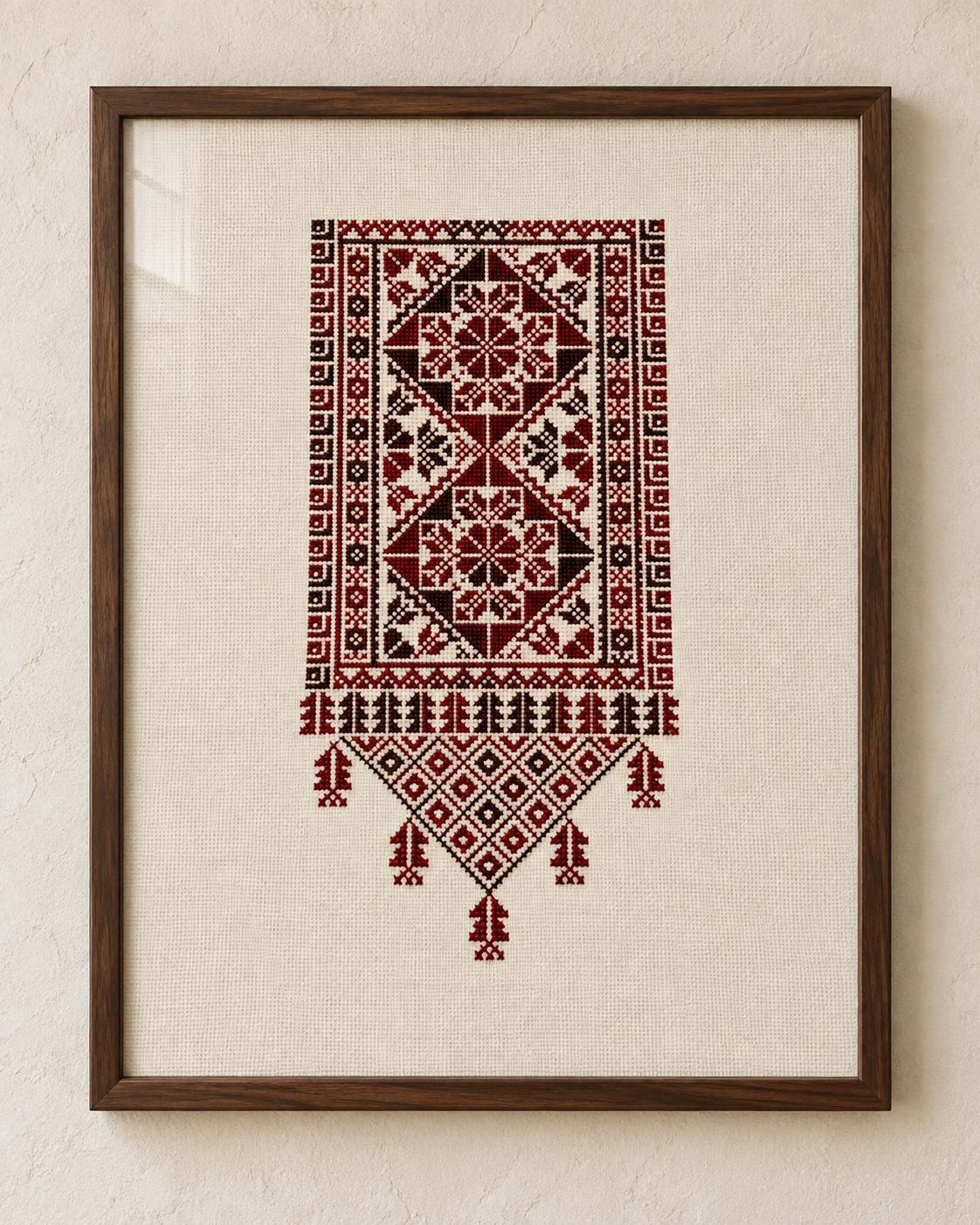 Intricate burgundy and dark tatreez art on ivory fabric - framed, frame for display only