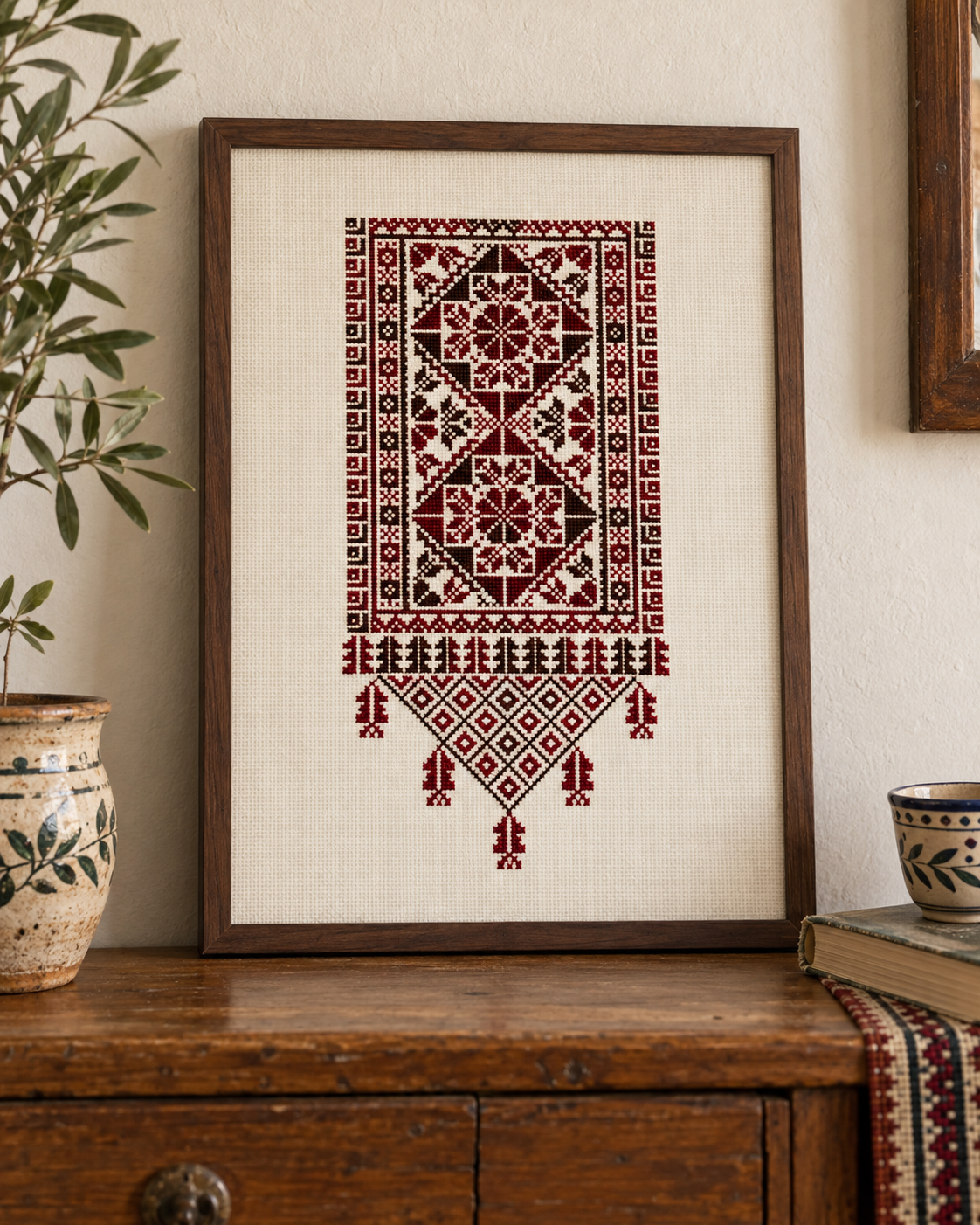 Intricate burgundy and dark tatreez art on ivory fabric - home, frame for display only