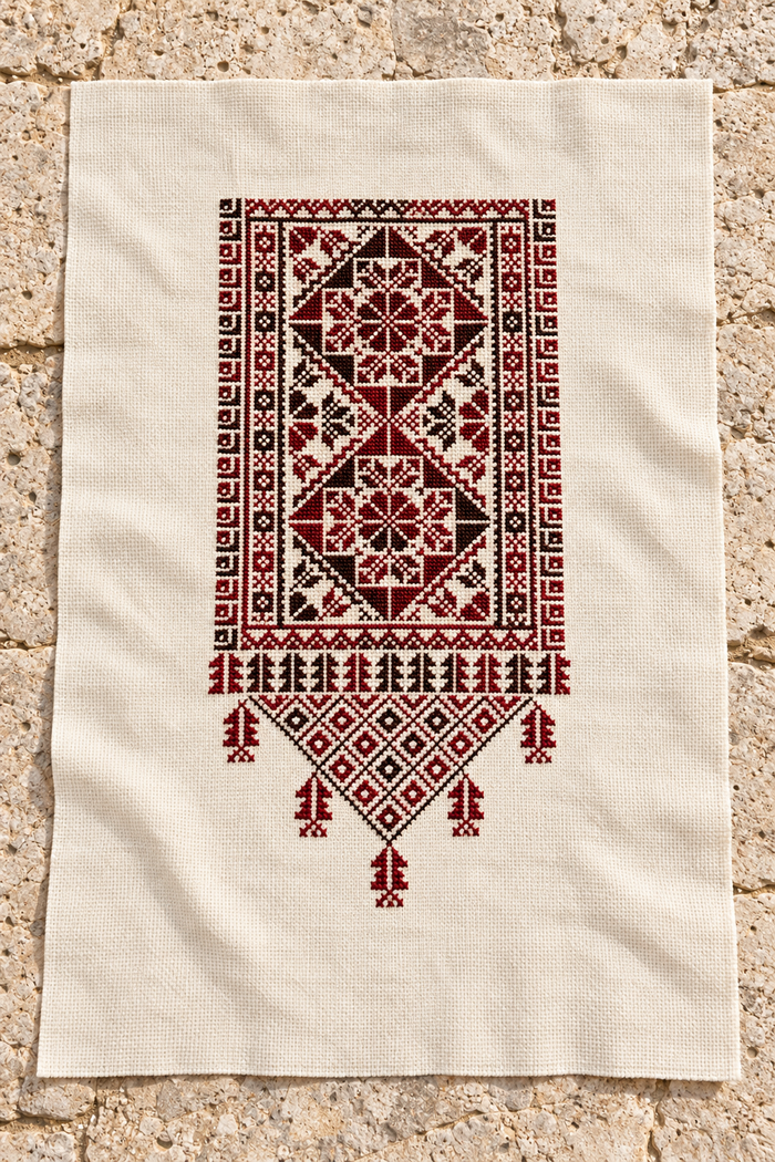 Intricate burgundy and dark tatreez art on ivory fabric - unframed
