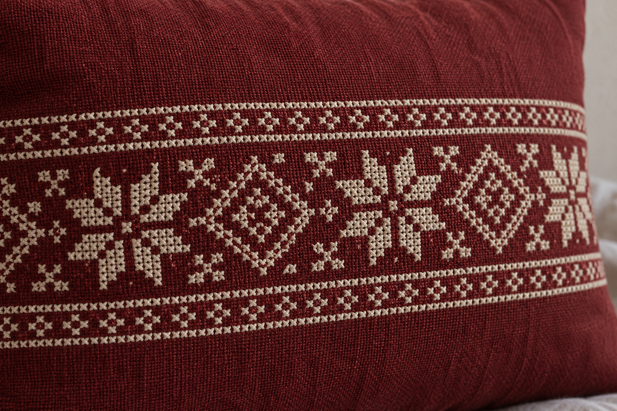 Ivory Star Band Tatreez Lumbar Cushion Cover - Burgundy, closer view of the embroidery