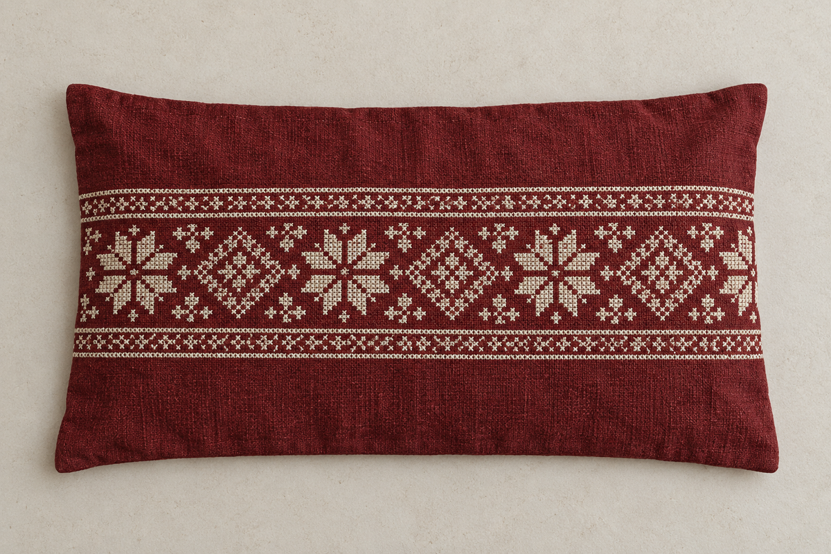 Ivory Star Band Tatreez Lumbar Cushion Cover - Burgundy, cover laid flat