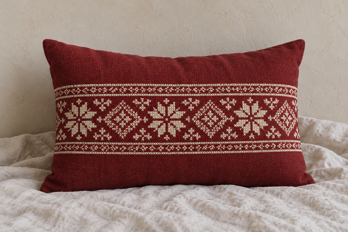 Ivory Star Band Tatreez Lumbar Cushion Cover - Burgundy, product view
