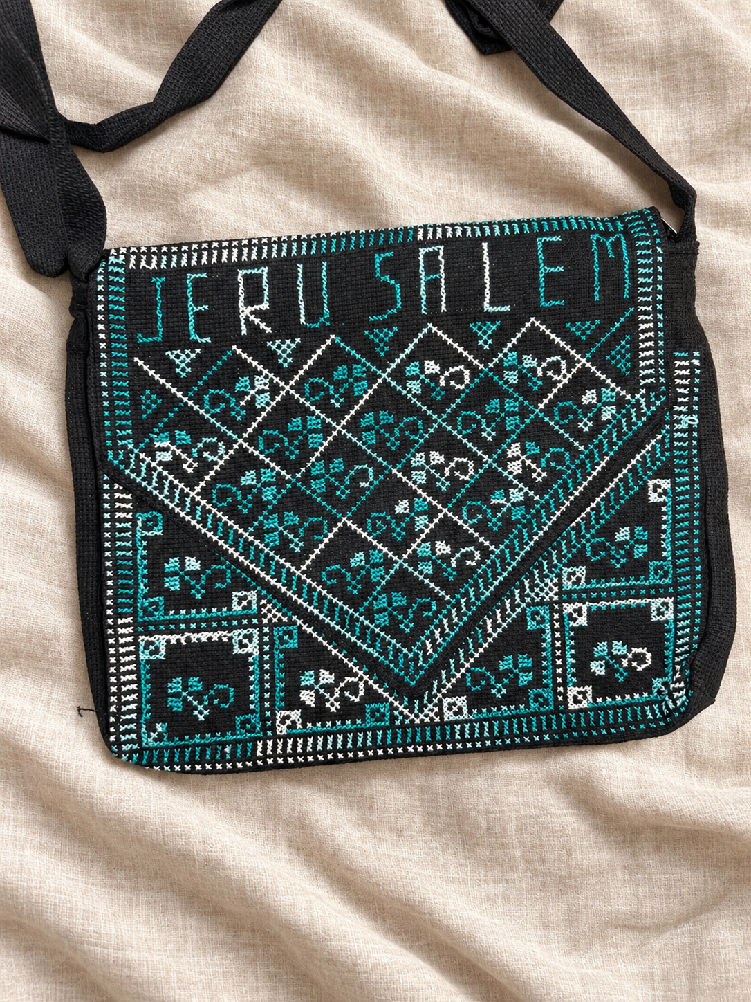 Jerusalem Floral Tatreez Bag - Turquoise - styled product view