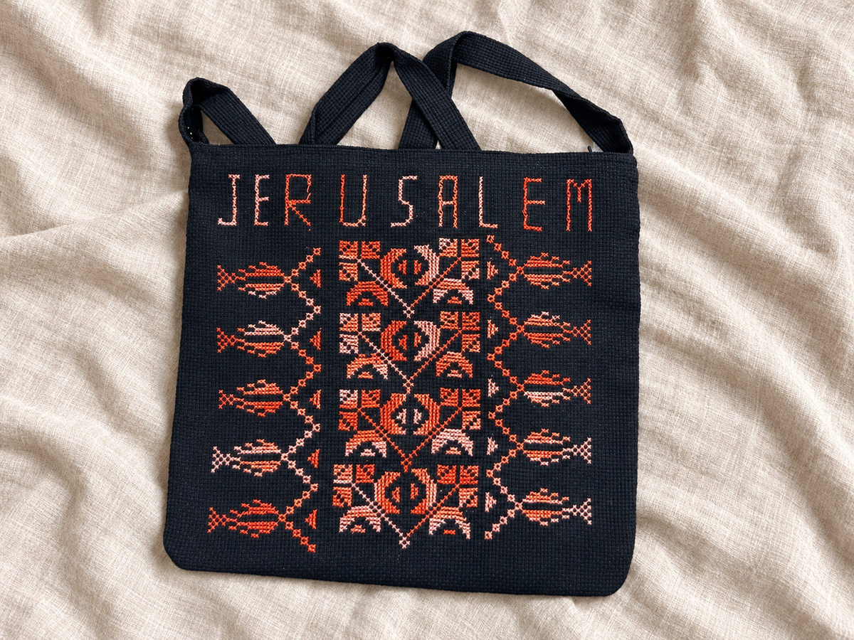 Jerusalem Tatreez Bag - Orange and Pink - styled product view