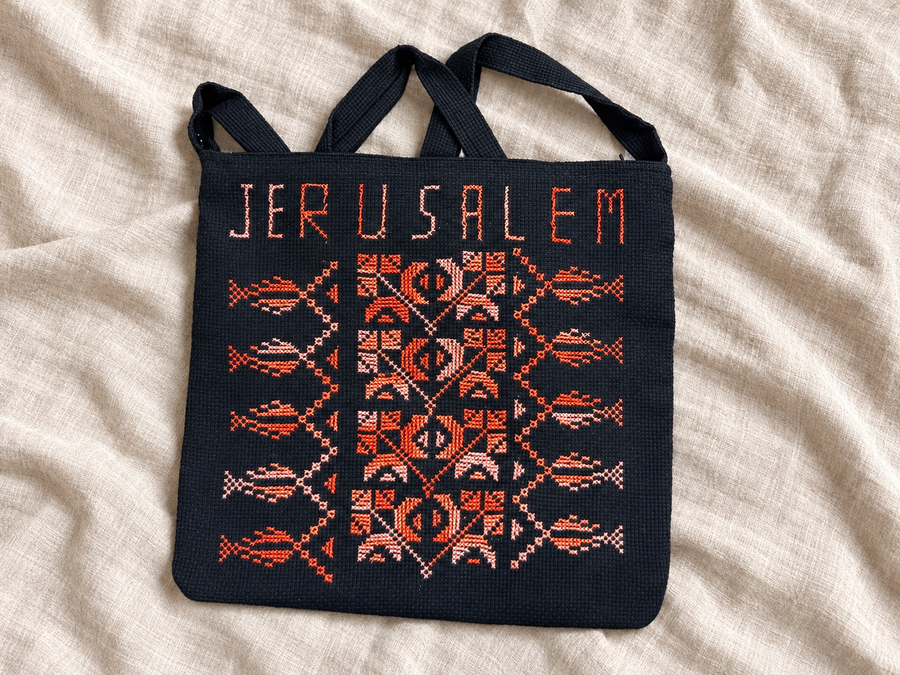 Jerusalem Tatreez Bag - Orange and Pink - styled product view
