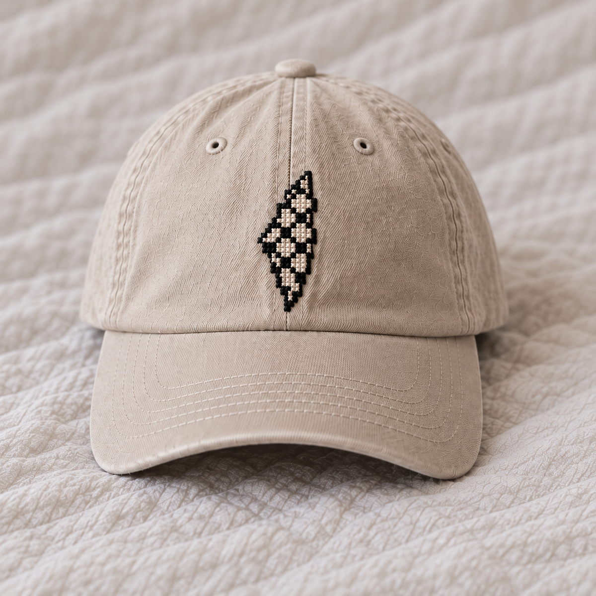 Small black ivory keffiyeh diamond lattice Palestine map, generous blank space between southern tip and brim seam.