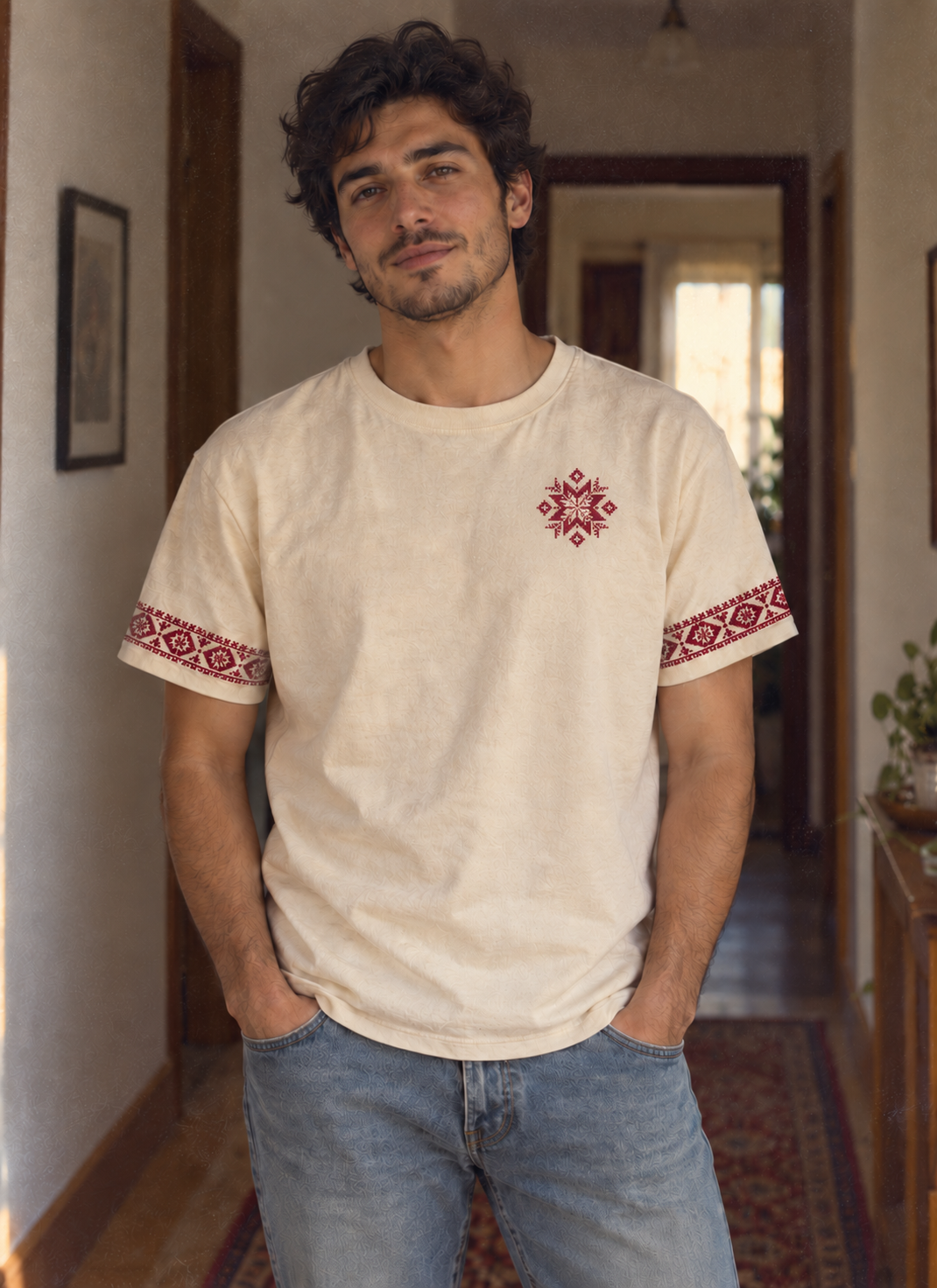 Man wearing a cream T-shirt with a burgundy tatreez star and embroidered sleeve borders, with blue jeans.