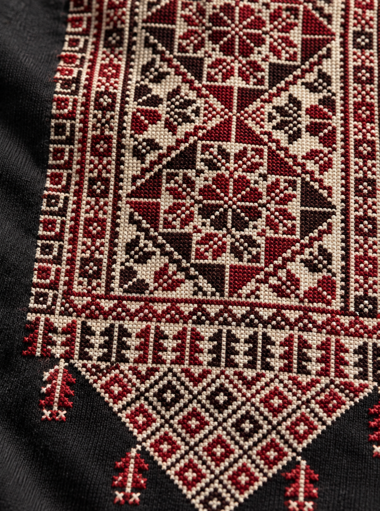 Black medallion tatreez T-shirt, close-up of hand stitching