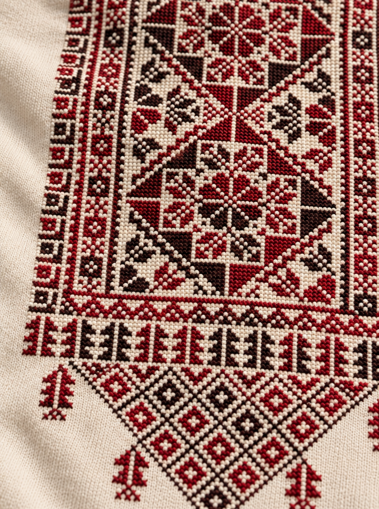 Cream medallion tatreez T-shirt, close-up of hand stitching