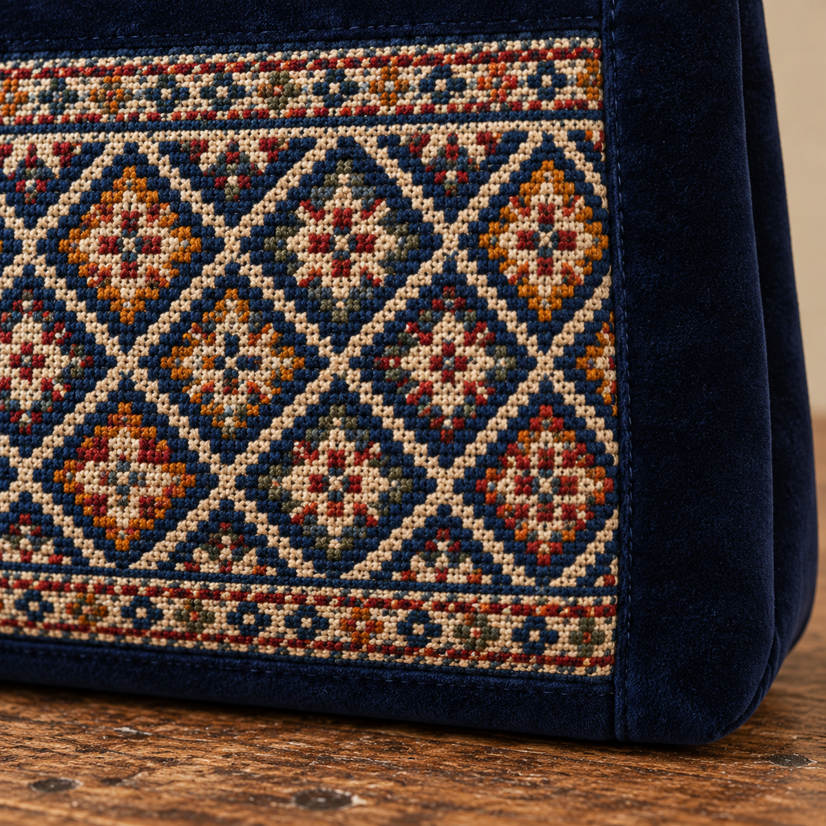 Midnight Blue Geometric Velvet Tatreez Shoulder Bag - detail